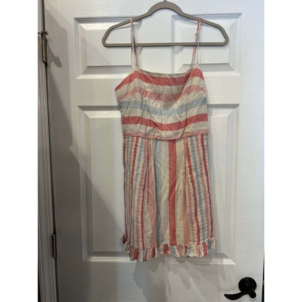Trixxi Mini Dress Linen Rayon Striped Sz M Coastal Beachy Nautical Cottagecore